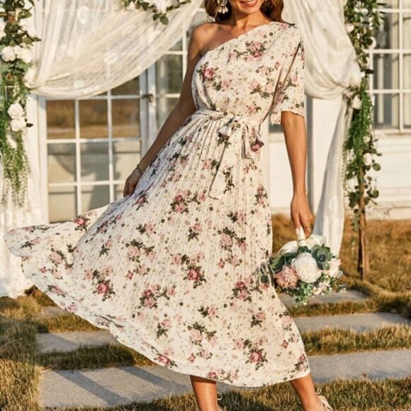 Boho floral pleated belted off shoulder dress - Picture 3 of 8